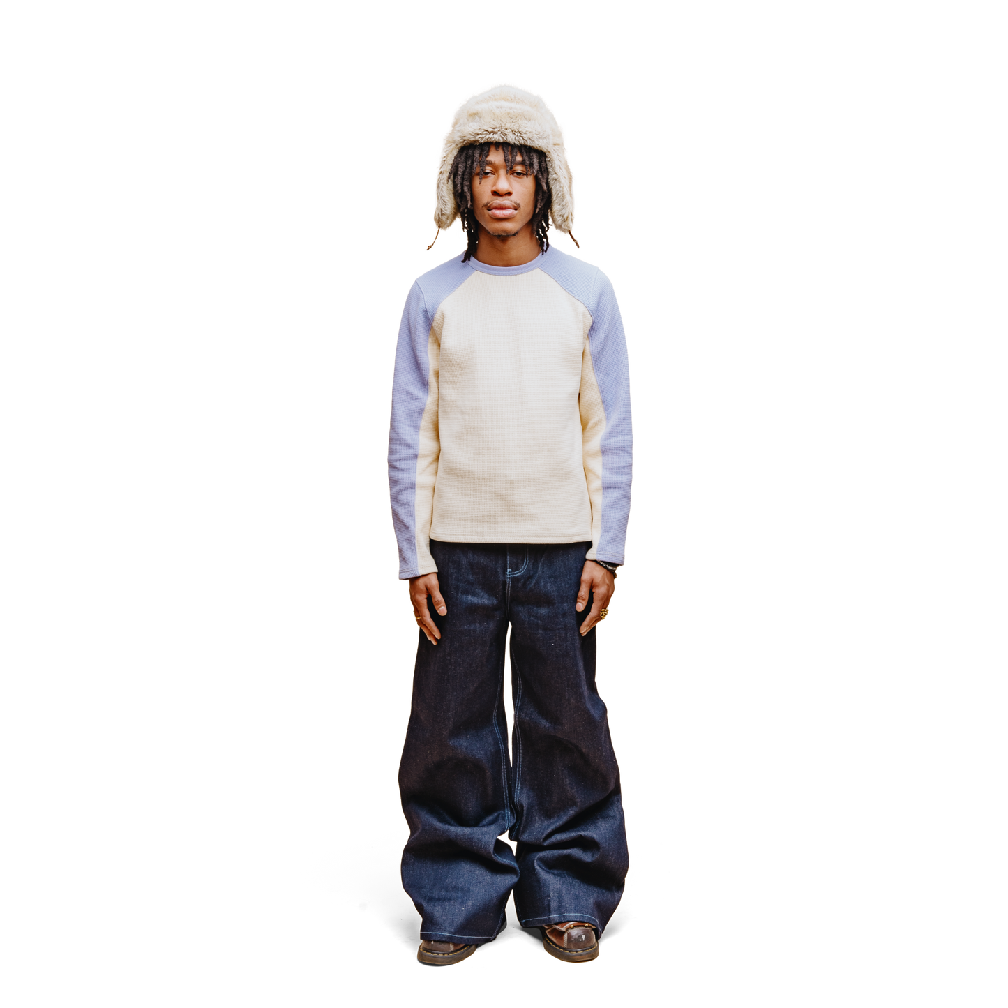 Waffle Knit Longsleeve - Periwinkle & Cream
